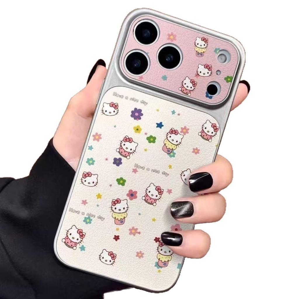 Hello Kitty Floral Full-Coverage Phone Case for Apple 17 Pro Max with Silver Frame and Corning Shell