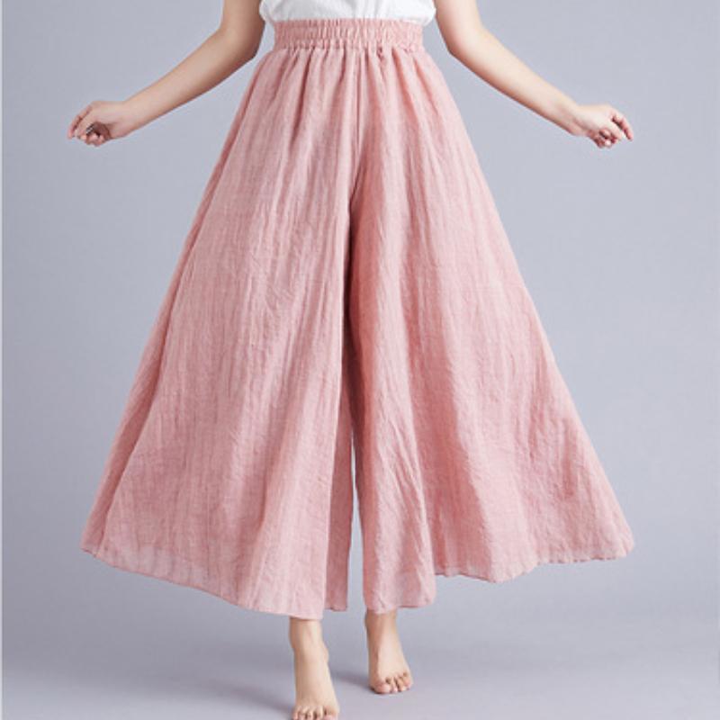Summer New Large Size Cotton and Linen Casual Wide Leg Pants Women Elastic Waist Solid Vintage Loose Trousers Women Elegant Slim Fit Baggy Pants 26494