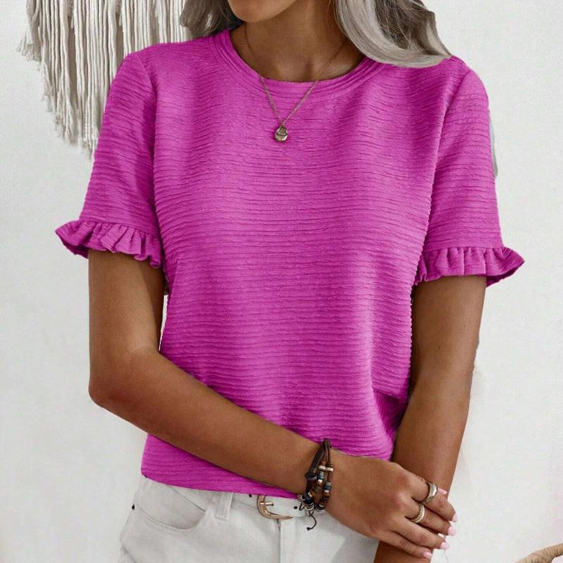 Ladies Summer Ruffles Short Sleeve O Neck Pullover T Shirt Blouse Top