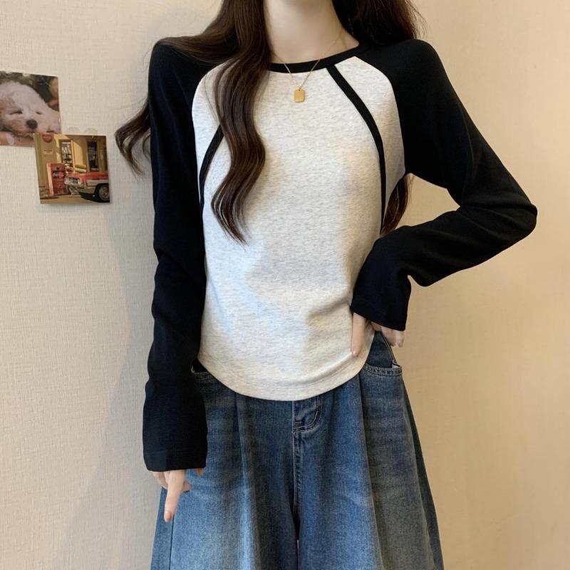 Wiosna Jesień Okrągły Dekolt Patchworkowy Dół T-shirt Kobiety Długi Rękaw Casual Moda Pulower Bawełniany T-shirt Top