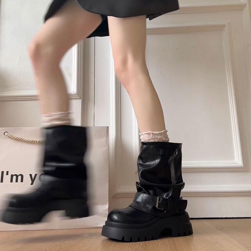 British style retro medium tube Martin boots women's pile short boots 2025 new autumn versatile thick-soled heightening trouser boots