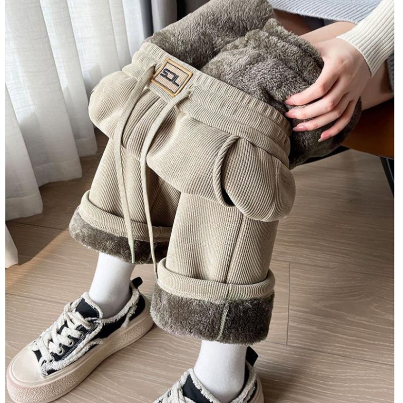 

Lamb Velvet Corduroy Wide-leg Women s Autumn and Winter Plus Size Extra-thick Straight-leg Pants M бежевий