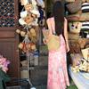 French Vacation Pink Ruffle Leaf Edge Three-dimensional Flower Floral Dress Women's Summer Slim Waist Long Dress