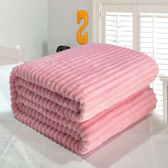 Thickened Flannel Striped Velvet Blanket, Plain Color Coral Fleece