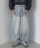ROCKED GARAGE [Unisex] Washed Balloon Wide Fit Side Pintuck Mint Denim Pants [Light Blue]