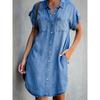 Women's Turn Down Collar Short Sleeve Denim Shirt Dress Casual Loose Tunic Dress