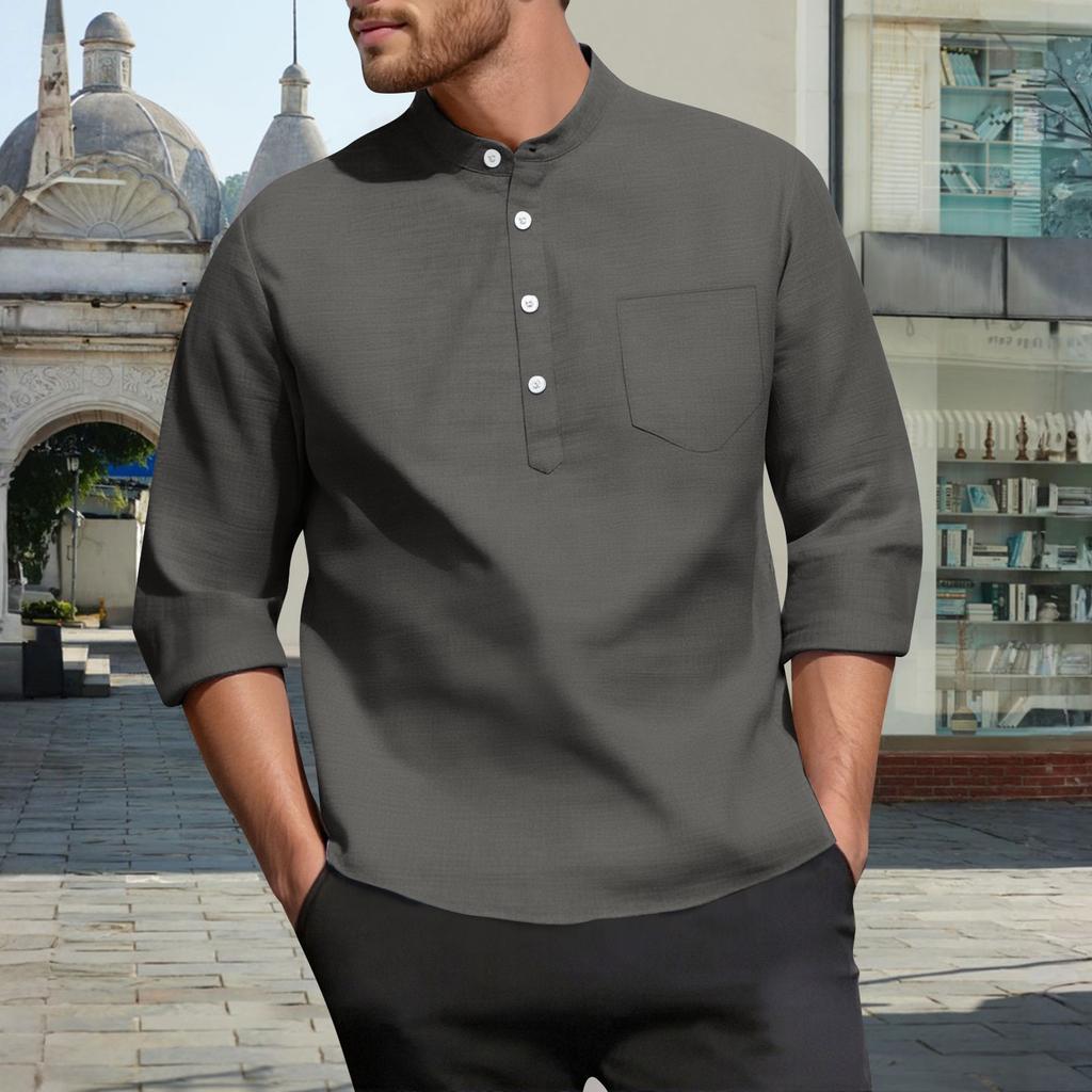 Men's Casual  3/4-Sleeve Shirt - Stand Collar Loose-Fit Breathable Solid Color With Pocket