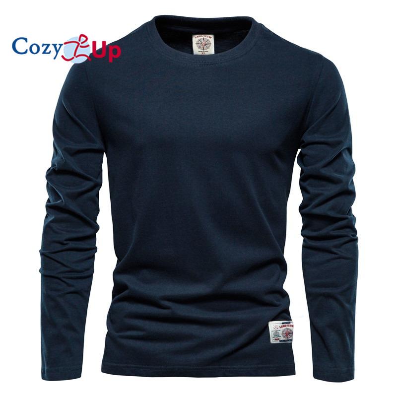 Ny Hyggelig Herre Langærmet Ensfarvet T-shirt Sport Yderbeklædning Rund Hals Bomuld Basis T-shirt