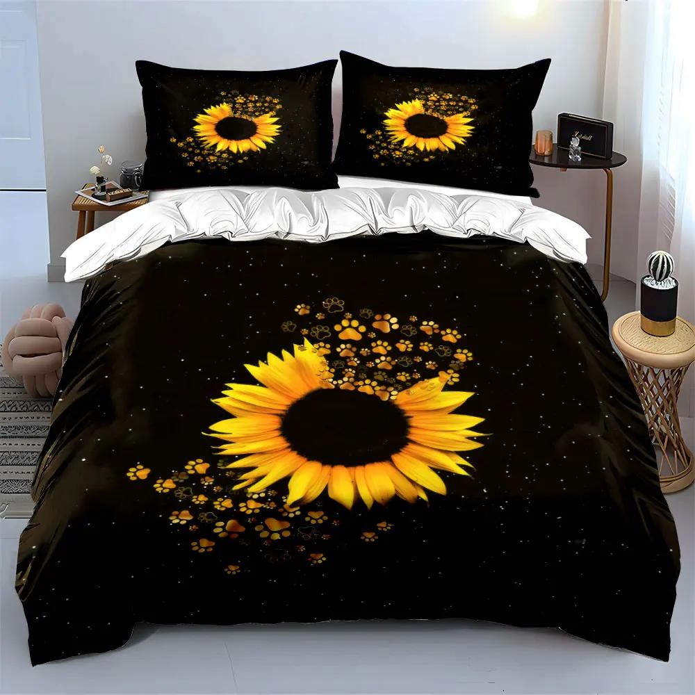 Sunflower Paw Print Decor Set Soft Comfortable Duvet Cover Bedding Set Included 1*Duvet Cover & 2*Pillowcases Gift