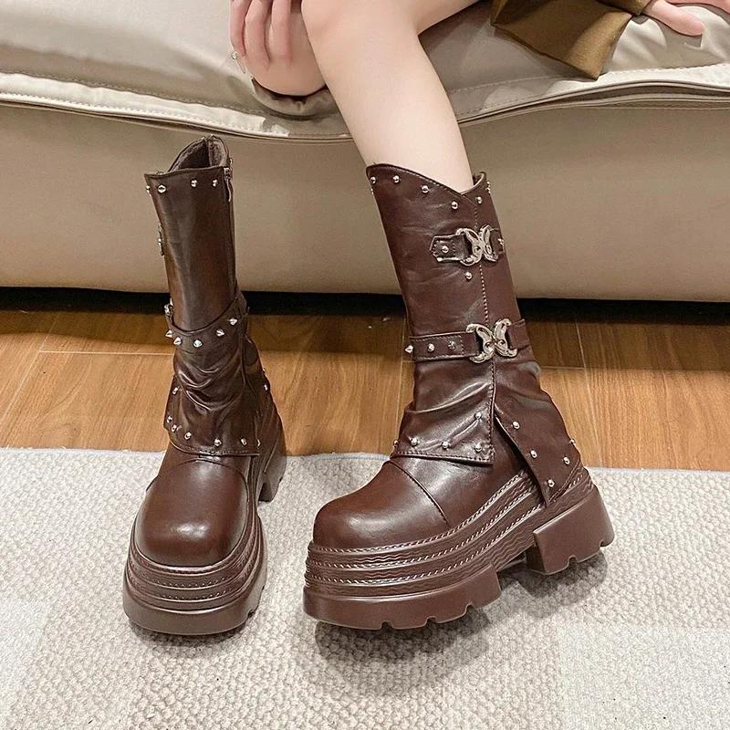 Móda 9,5CM Dámské platformové motorkářské boty Klínkové podpatky Kožené boty do půli lýtek Dámské Zimní Teplé Robustní Tenisky Gotické Botas Mujer