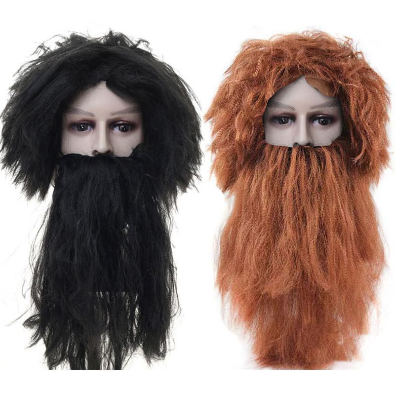 Authentic Long Black Wildman Wig And Beard Costume Set For Halloween Celebrations
