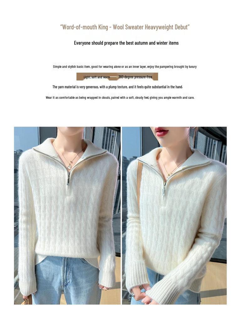 Women's 100% Wool Thickened Knitted Sweater with Large Lapel - Autumn/Winter Warm Twist Pullover, Versatile & Trendy