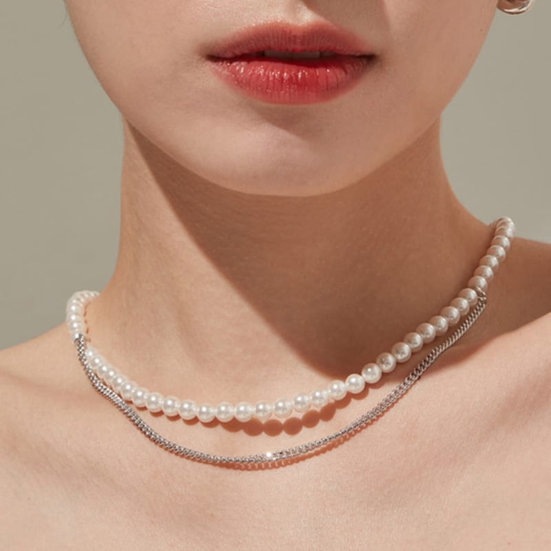 Tirr Lirr Tizen Maximize Shell Pearl 6mm Long Point Chain Silver-White Bead Necklace TNSSVW14038M