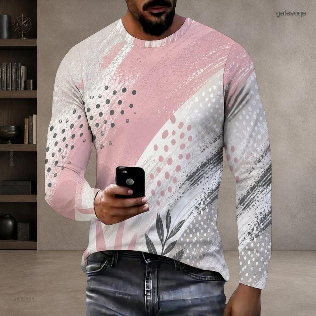 Men s Plus Size Round Neck Long Sleeve Printed T Shirt White Green Pullover Straight Hem