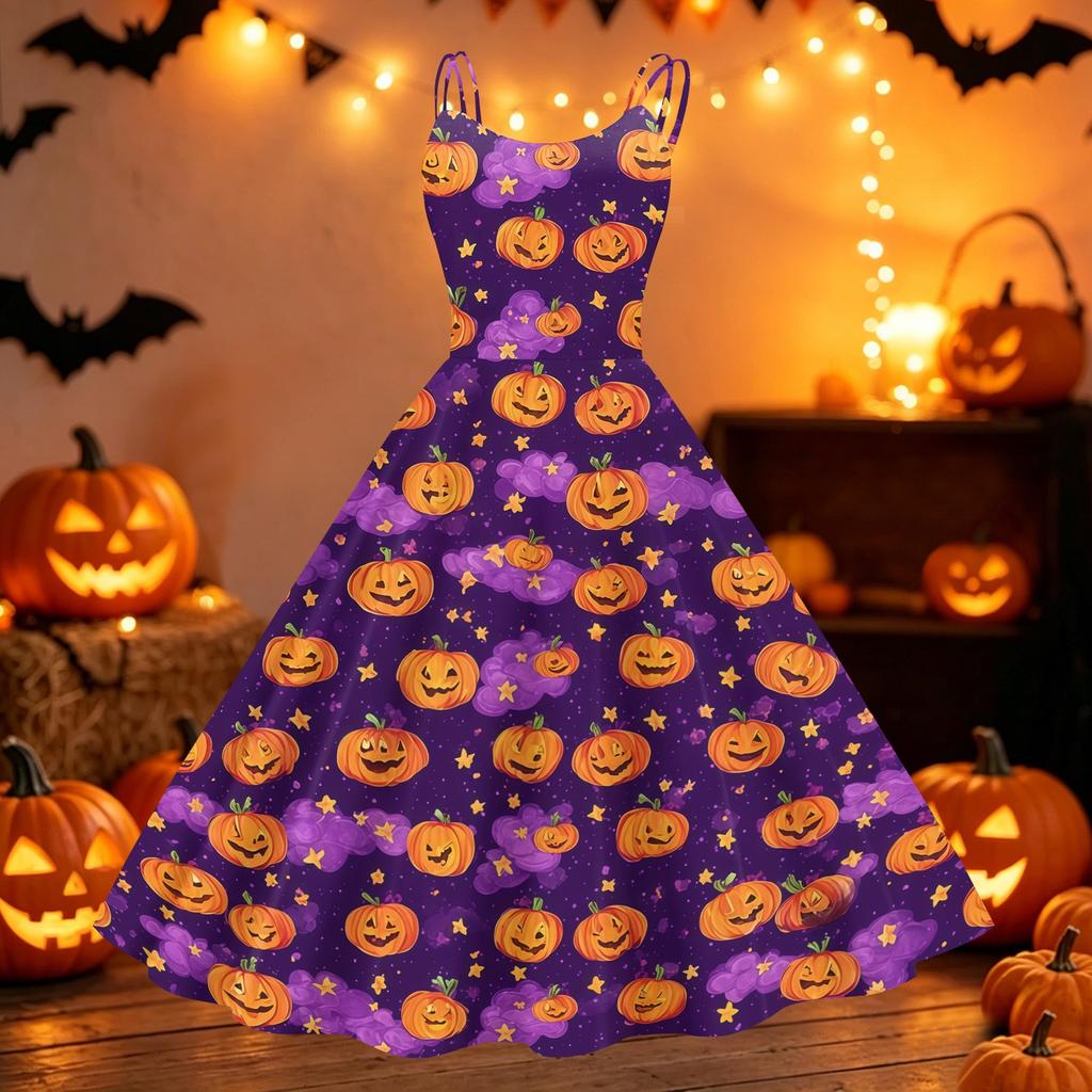 Women Off Shoulder Halloween Print Flared Vintage Dress with Spaghetti Straps and for Party or Casual Wear