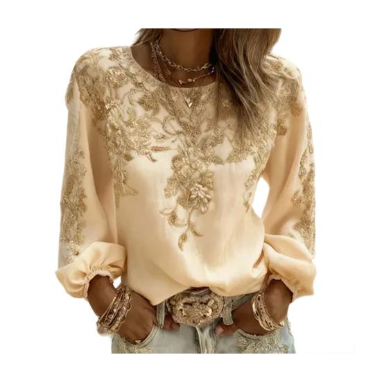 Women Tops Round Neck Long Sleeve 3D Digital Flower Printing Tee Shirt Retro