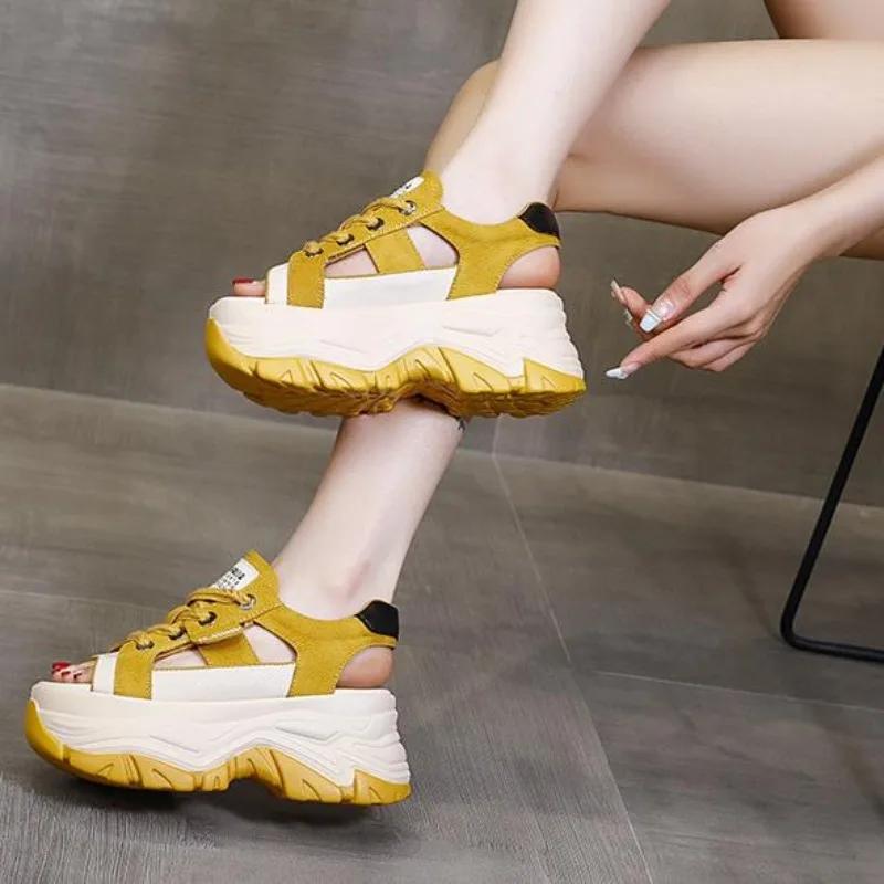 8cm Genuine Leathe Slippers Lace Up Hollow Multicolor Peep Toe Sandals Platform Wedge Ladies Women Summer White Slides Shoes