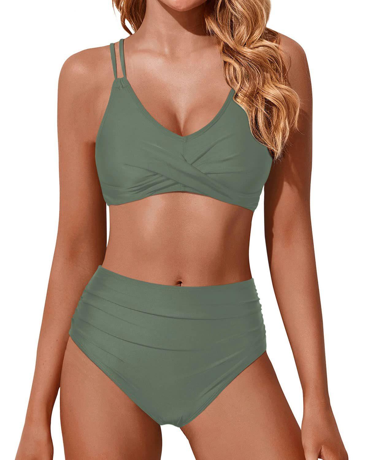 High waist swimsuit swimsuit split bikini solid color cross strap sexy S