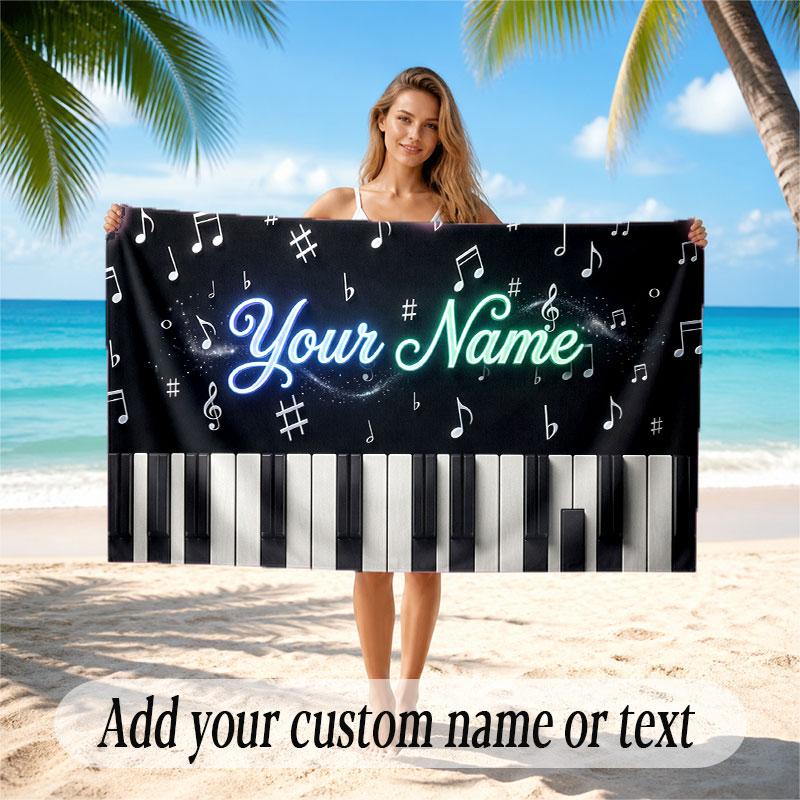 Music Piano Theme Beach Towel Personalized Custom Name & Text Soft Quick Dry Beach Towel for Swimming Travel