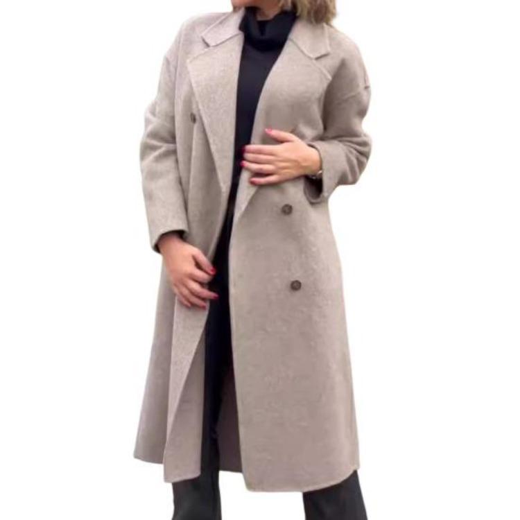 

Warm Woolen Coat for Women Double Breasted Long Overcoat Loose Fit Solid Color Lapel Coat Autumn Winter Office Daily Wear M