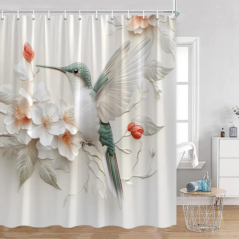 Luxury Gold White Floral Shower Curtain Rose Butterfly Cherry Blossom Modern Art Flower Polyester Fabric Bathroom Curtains Decor