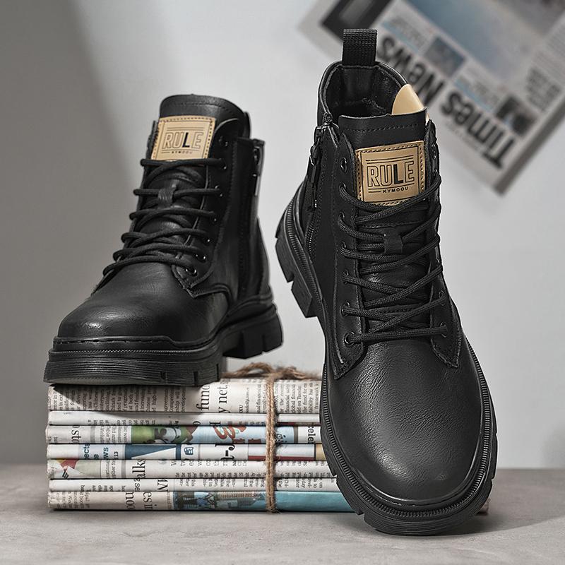Fashion 2025 Winter Leather Mens Boots Fashion Thick Bottom Lace-up Casual Men's Work Shoes New Design Warm Black Ankle Boots Male