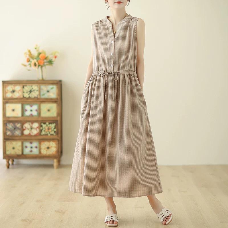 

sleeveless Plus size Cotton vintage plaid new in dresses for women casual loose long summer dress XXL