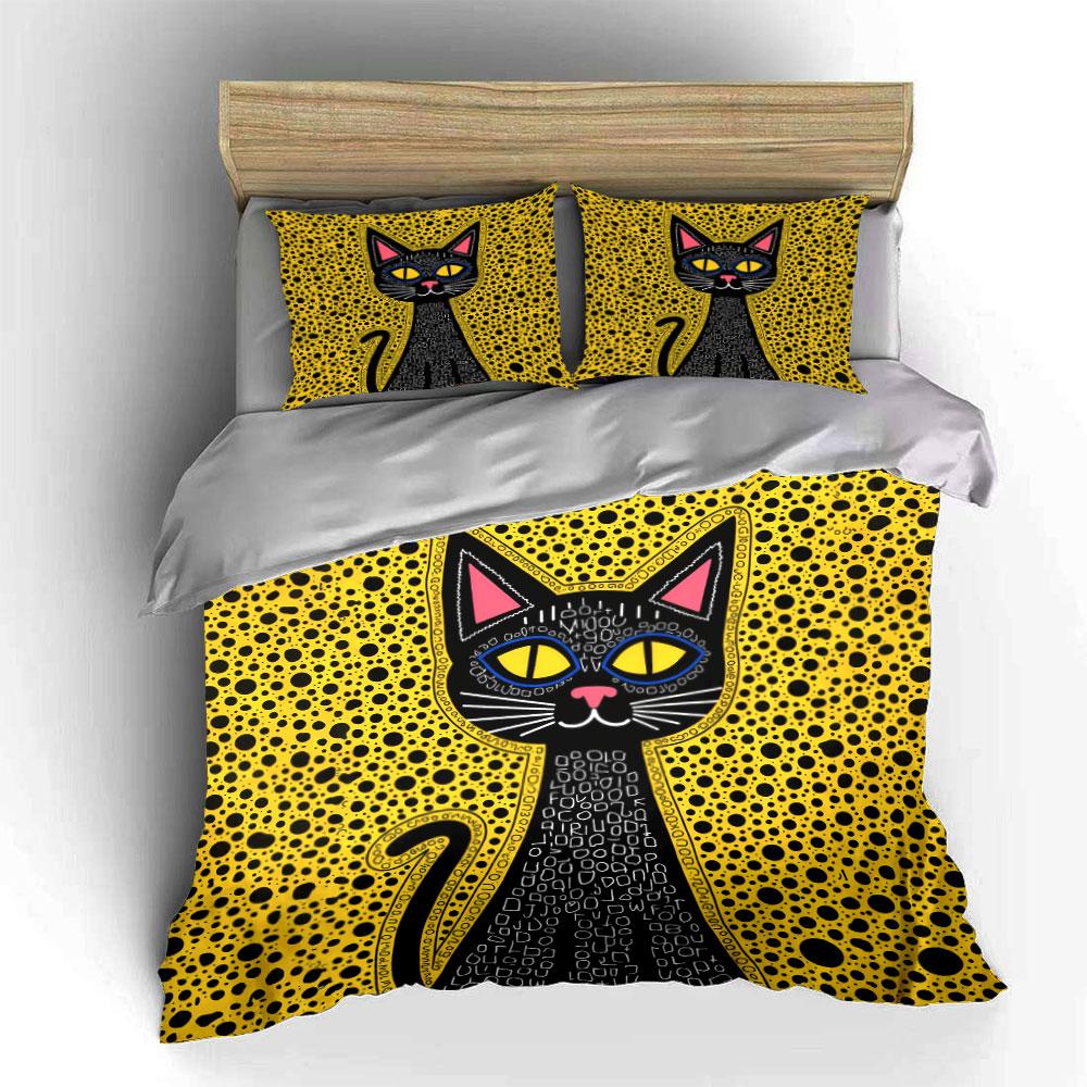 Black Dot Background Letter Black Cat Duvet Cover Set, Folk Art Kitty Bedding Includes 1 Duvet Cover And 2 Pillowcase, Gift