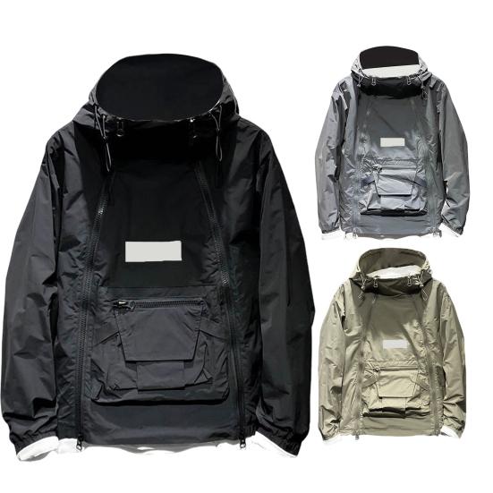 Men Trench Coat Hooded Drawstring Long Sleeve Double Zipper Cargo Tops Solid Color Large Pocket Street Style Outwear