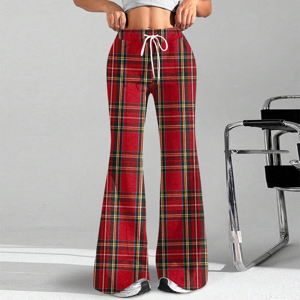 Women's Fashion Loose Drawstring Waist Plaid Printed Casual Sports Pants Casual Flared Pants