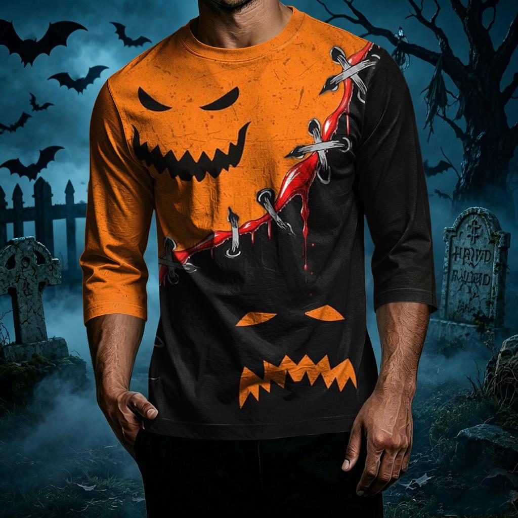 Men Casual Halloween Print Crew Neck T Shirt Three Quarter Sleeve Top Patchwork Style Comfortable Fit Lightweight Fabric
