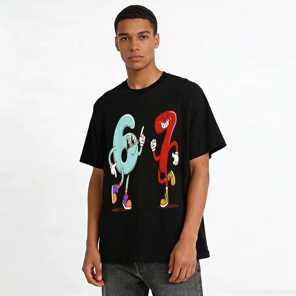 Vintage Cartoon Number 67 Print Casual Versatile Short Sleeve T-Shirt Pure Cotton T-shirt