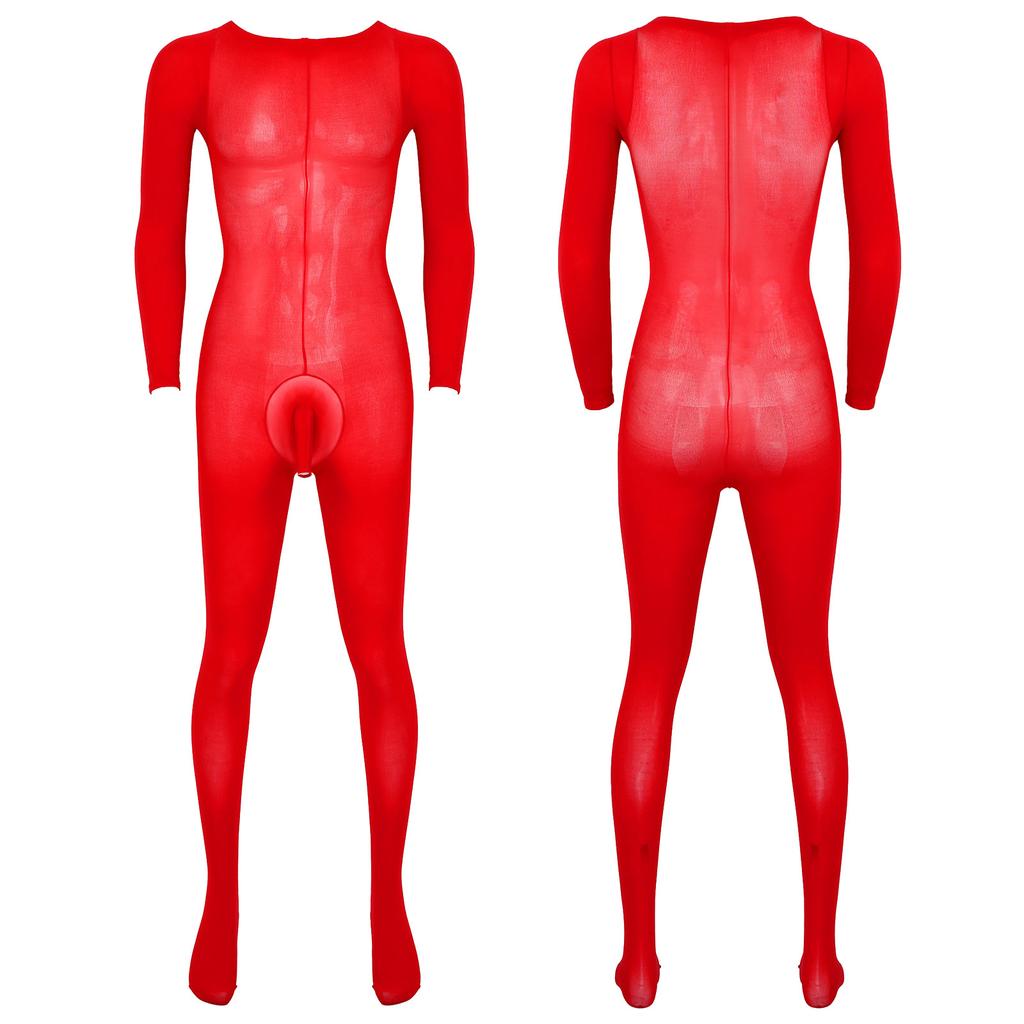Mens Solid Color Bodystocking Long Sleeve Stretchy Bodysuit with Bulge Pouch Nightwear Underwear