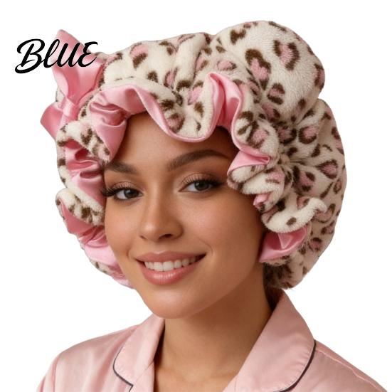 Soft Plush Sleep Hat Leopard Print Sleeping Bowknot 3D Cat Ear Decor Adjustable No Satin Cap Frizz Fit Double Layer Lined Hair Protection Bonnet