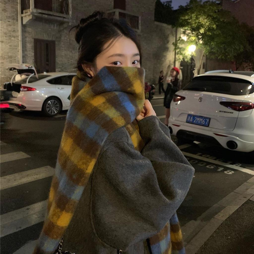 Korean Mohair Checkered Scarf Thickened and Warm for Women in Winter Long Faux Cashmere Scarf  Student Knitted