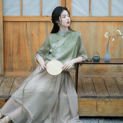 Abito da tè in stile cinese Cheongsam Set due pezzi Con Elementi Letterari Abito Hanfu Per Donne