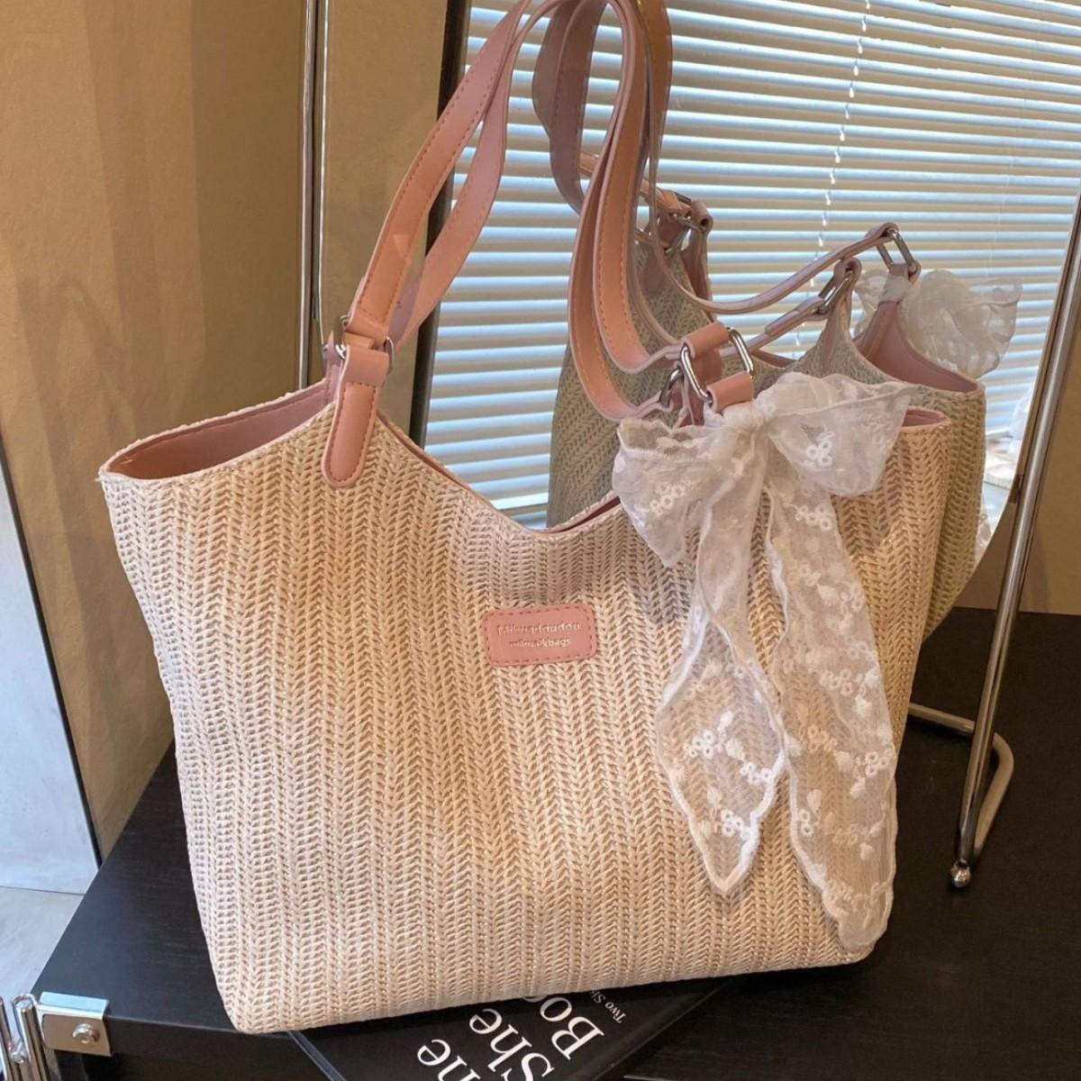 

New woven straw versatile shoulder bag large-capacity textured tote bag niche handbag bag рожевий
