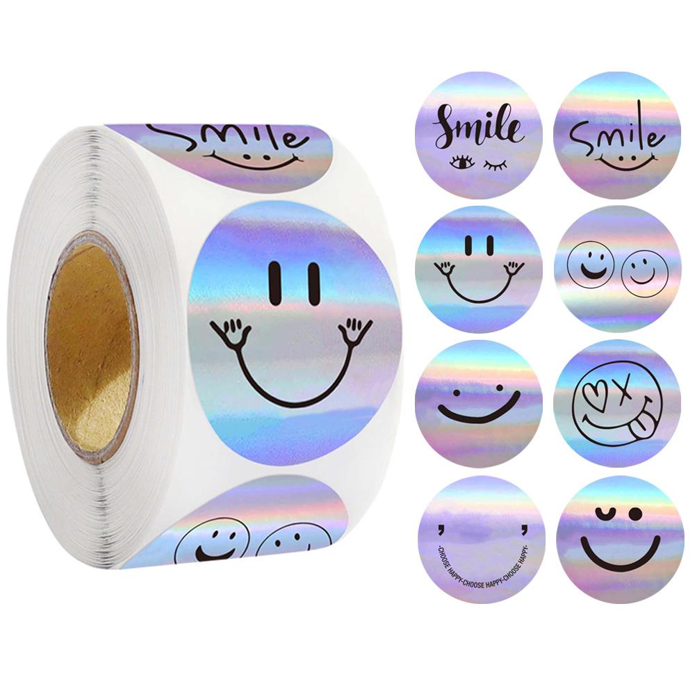 500Pcs Sparkly Funning Smile Face Laser Stickers Roll Party Favors Art Decals DIY Crafts &Journals & Planners Stationery Labels