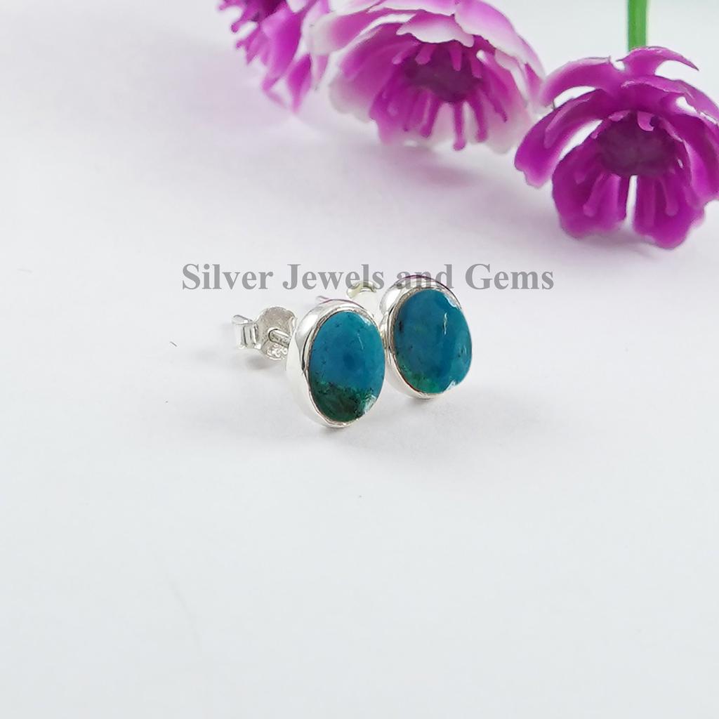 Chrysocolla Stud Earrings, Oval Green Gemstone, Sterling Silver