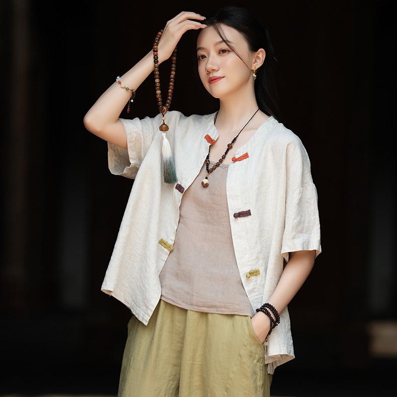 

Johnature Vintage Women Shirts Patchwork Button O-Neck Short Sleeve Blouses Summer Loose Chinese Style Tops One Size бежевий