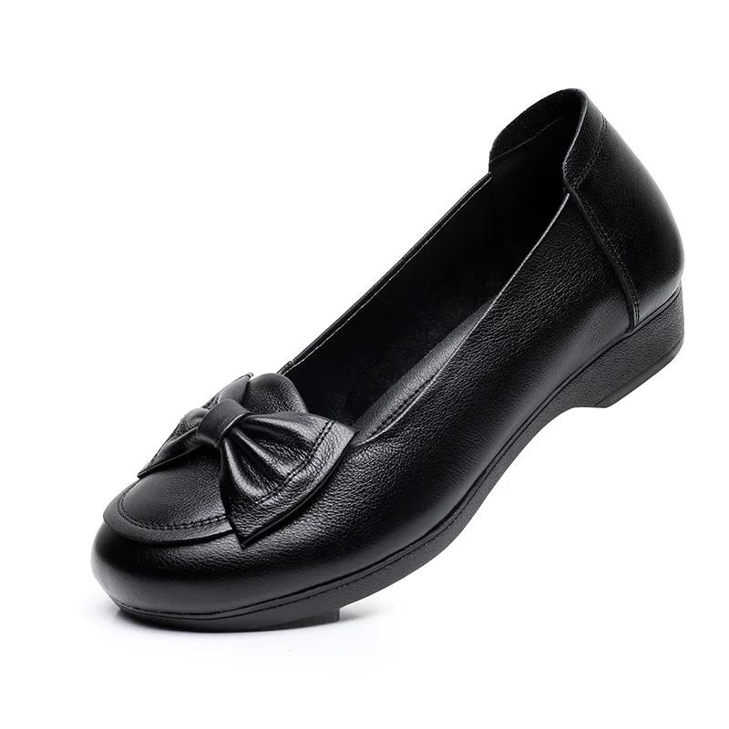Size35-43 Spring Autumn Genuine Leather Soft Bottom Women Shoes Mom Women Slip-On Shallow Mouth Bow Casual Flat Black Work Shoes