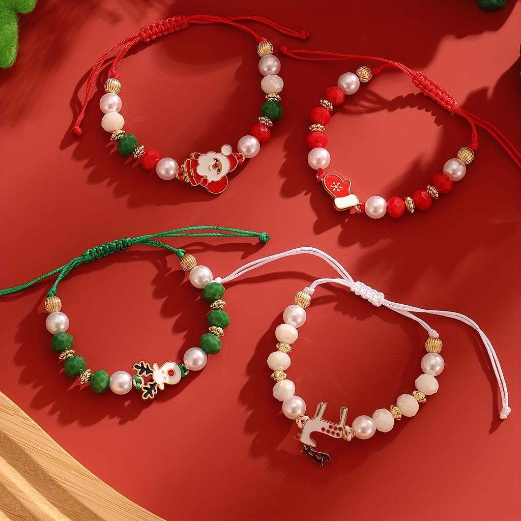 Weihnachts-Charm-Armband-Set, 4-teilig – Weihnachtsmann-, Rentier- und rote Handschuhe-Designs mit weichen Tonperlen und Kordelzugverschluss – als Weihnachtsgeschenk für Freunde und Familie