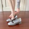 Square Head Light Mouth Bow Thick Heel Mary Jane Shoes Silver Ballet Versatile High Heel Single Shoes Women