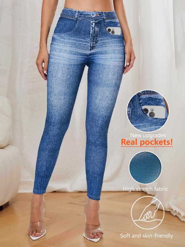 25 Women's High Waist Imitation Denim Slimming Butt-Lifting Yoga Pants - Perfect for Fitness, Running, and Casual Wear.