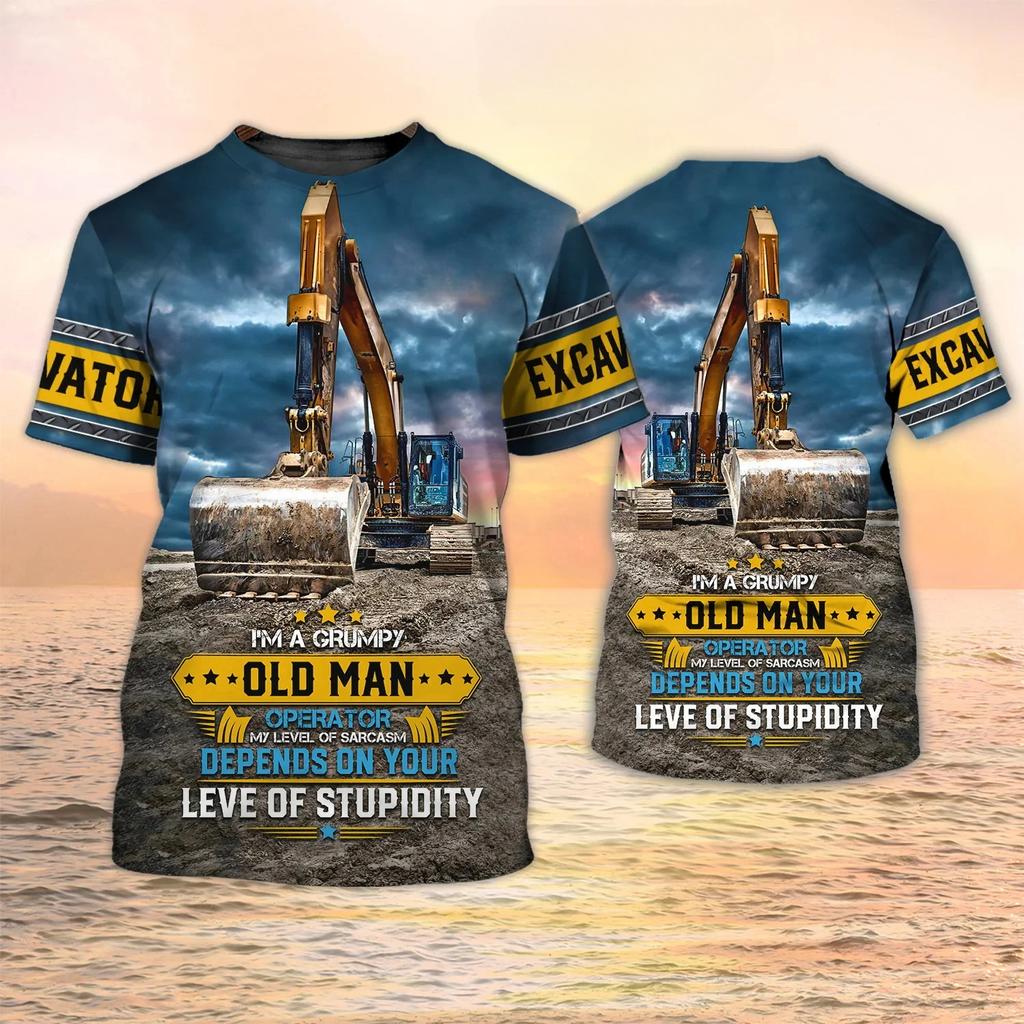 Summer Round Neck 3D Excavator Pattern Print Top Fashionable Casual Short Sleeved Men's T-shirts