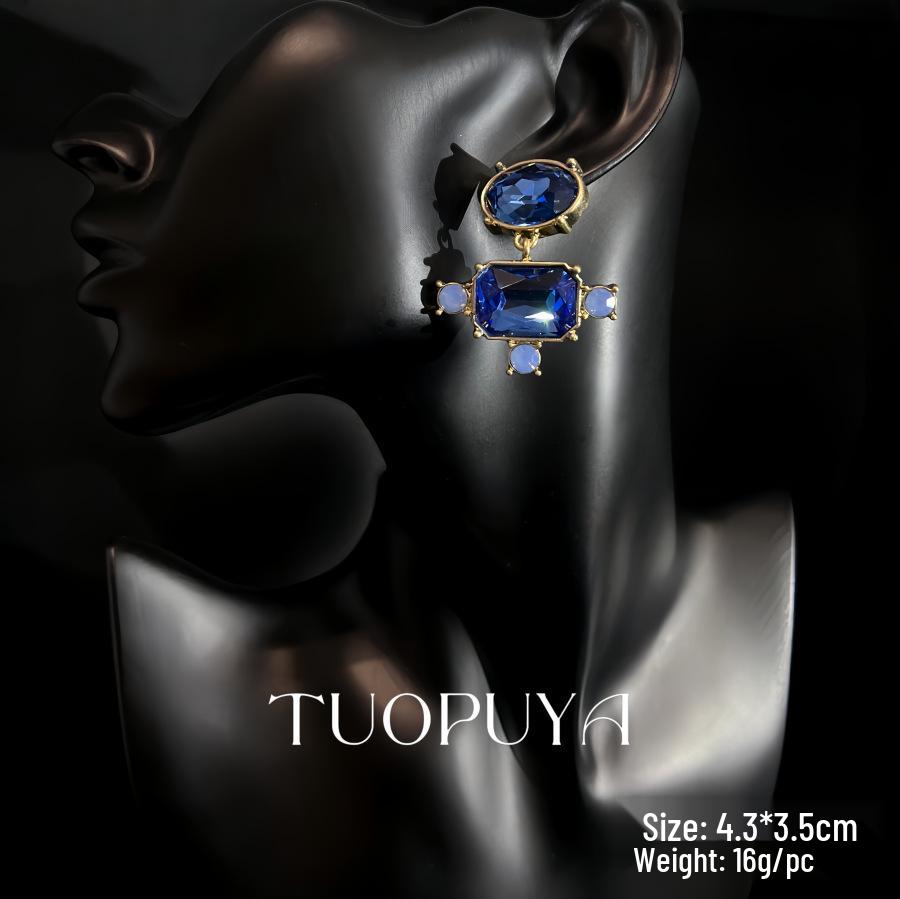 Elegant Sapphire & Glazed Two-Tone Ear Studs Necklace Set