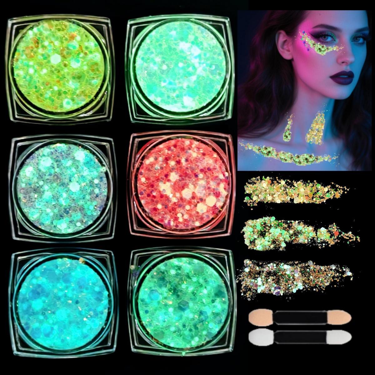 

6 Colors Glow in the Dark Body Glitter Gel, Holographic Sequin Face & Hair Glitter for Halloween Party and Festival Makeup 6Pcs Pack