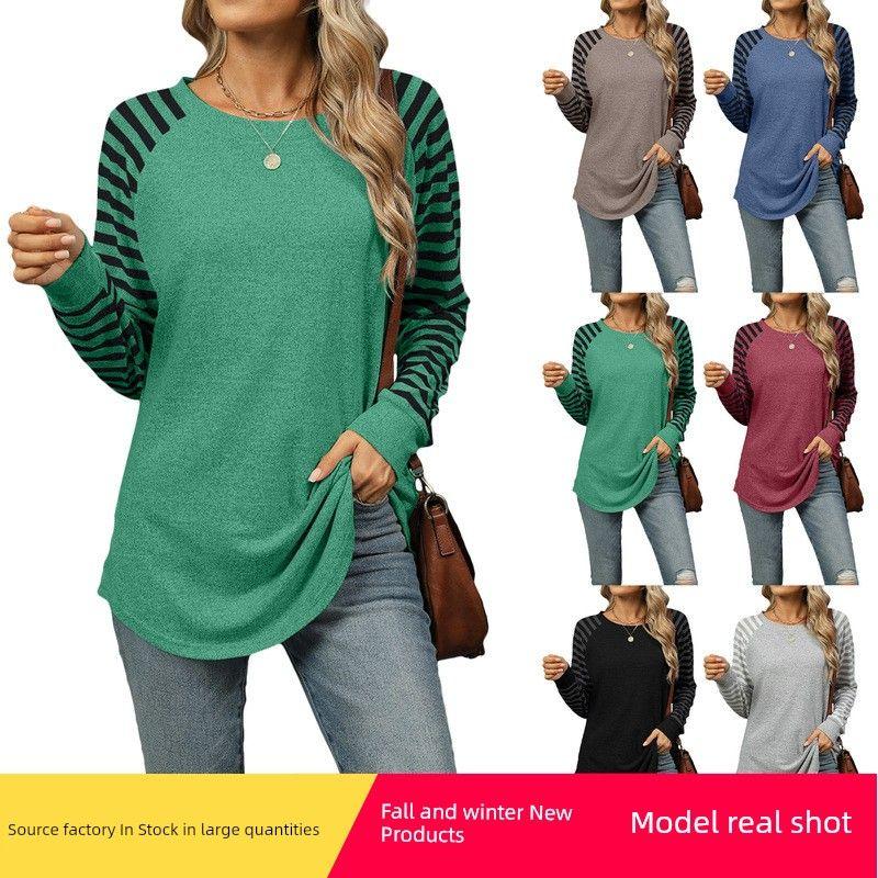 

2025 Contrasting Striped Patchwork round Neck T-shirt Black S