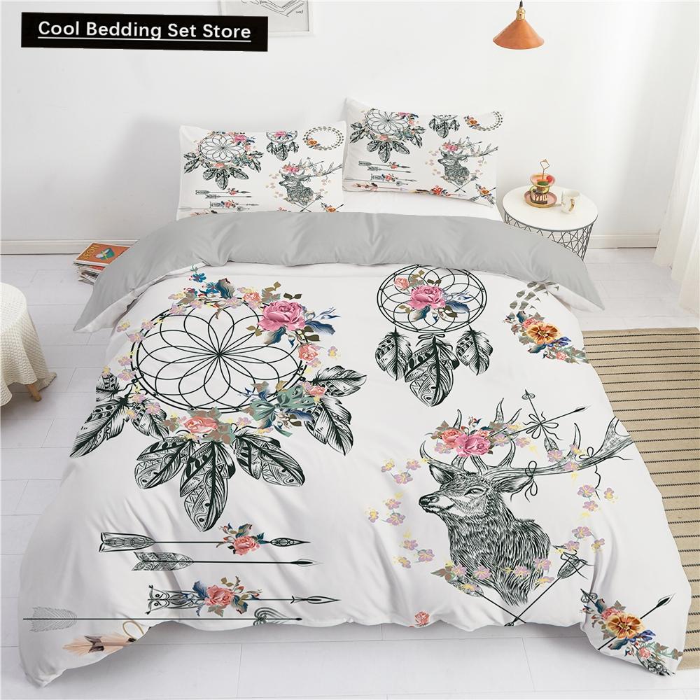 Traumfänger Elch Königin Bettbezug Böhmischer Stil Schmetterling Bettwäscheset für Teenager Mädchen Frauen Ziege Weiß 2/3-teiliger Bettdeckenbezug