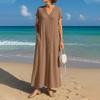 Summer Short Sleeve Cotton Dress for Women Button Down V Neck Long Dress Casual Loose Flowy A-line Beach Sundress with Pockets